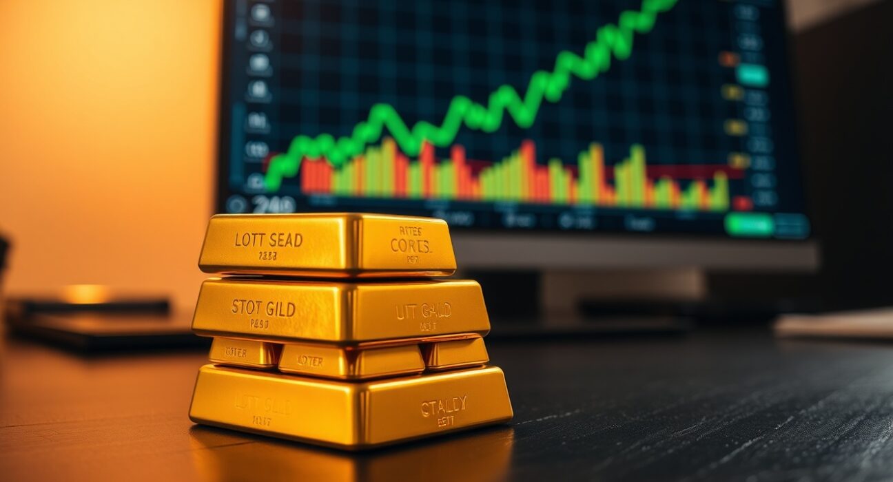 Stack of gold bullion bars on a desk with a financial chart in the background