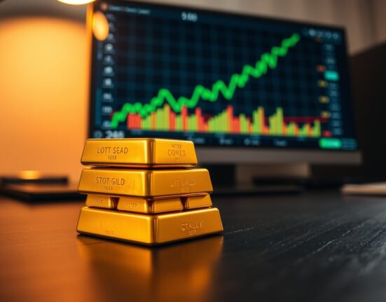 Stack of gold bullion bars on a desk with a financial chart in the background