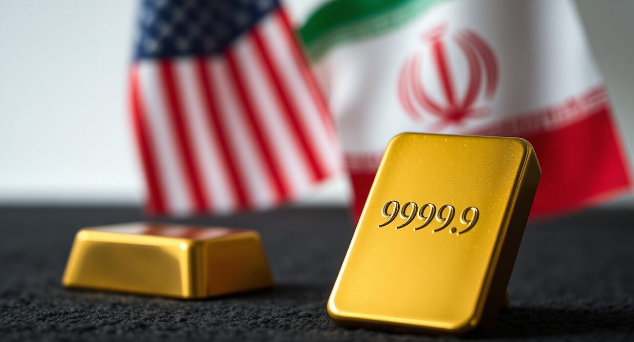 Close-up of a gold bar with US and Iranian flags blurred in the background, representing geopolitical influence on gold prices.
