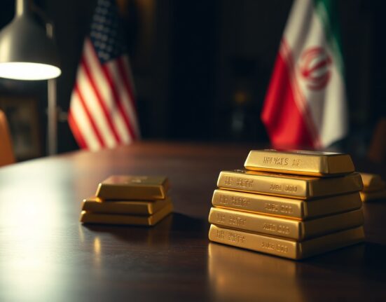 Close-up of gold bars with US and Iranian flags blurred in background