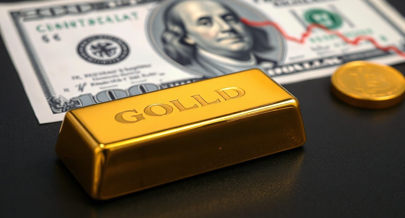 Gold bar with US Dollar and chart in background