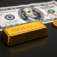 Gold bar with US Dollar and chart in background