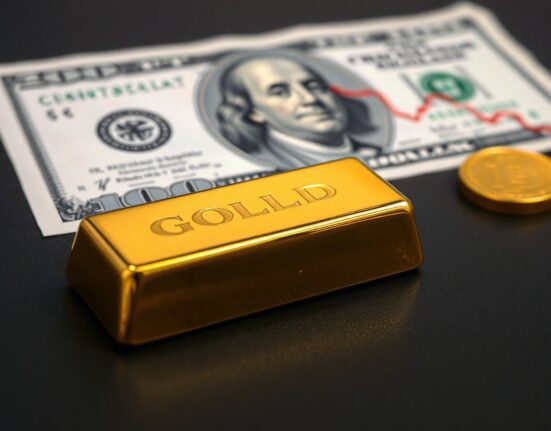 Gold bar with US Dollar and chart in background