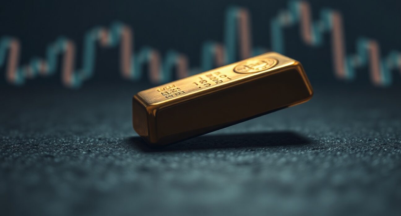 Gold bullion bar on dark surface with blurred financial chart background