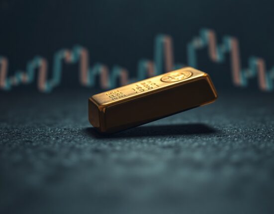 Gold bullion bar on dark surface with blurred financial chart background