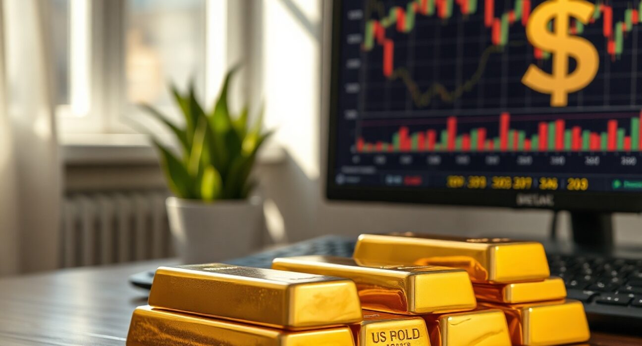Gold bars stacked on a table with a financial chart in the background representing market uncertainty.
