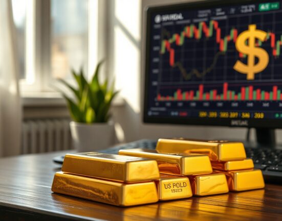 Gold bars stacked on a table with a financial chart in the background representing market uncertainty.
