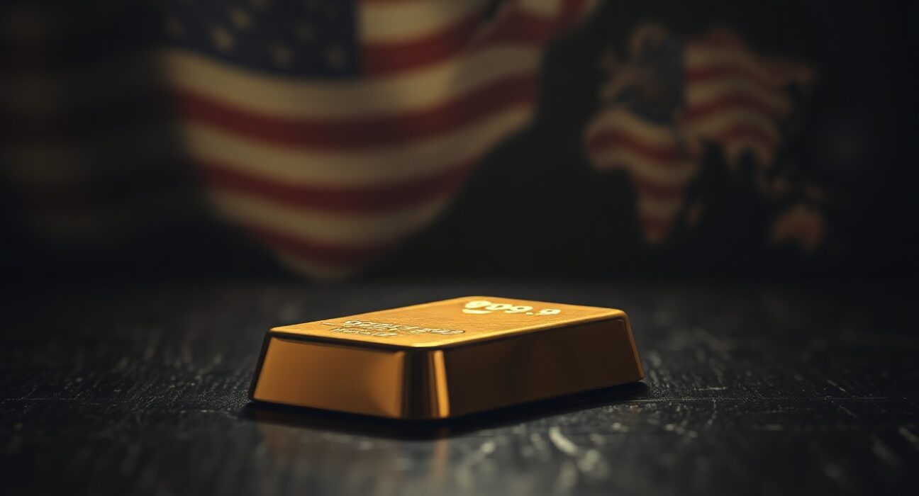 Gold bullion bar on dark surface with US flag and world map in background, representing market tension.