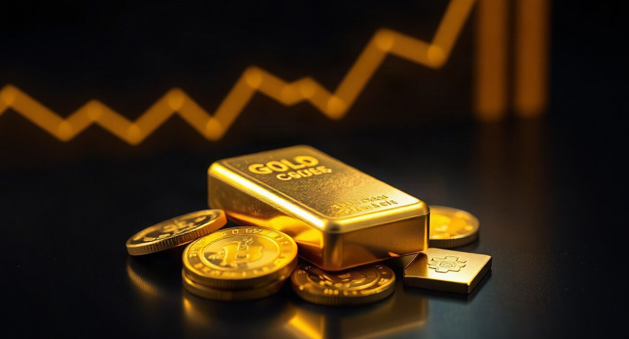 Gold bars and coins near a price chart symbolizing gold nearing $4,400.