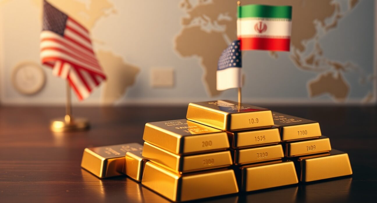 Stacked gold bars with blurred US and Iranian flags in background representing geopolitical market impact