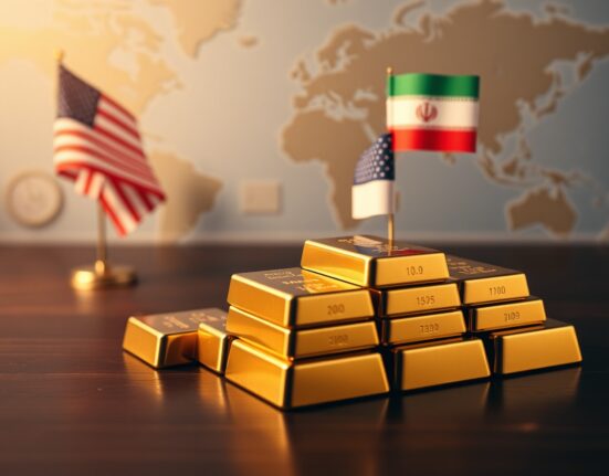 Stacked gold bars with blurred US and Iranian flags in background representing geopolitical market impact