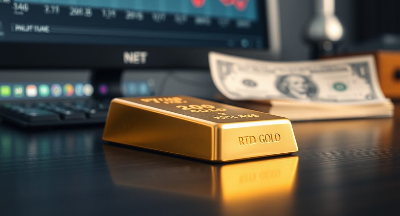 Gold bar on dark surface with blurred charts and dollar in background, representing price pressure.