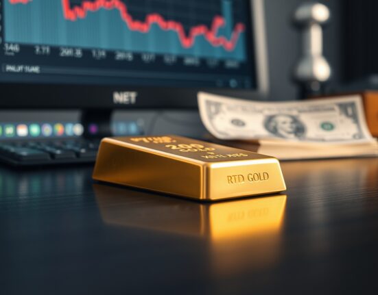 Gold bar on dark surface with blurred charts and dollar in background, representing price pressure.
