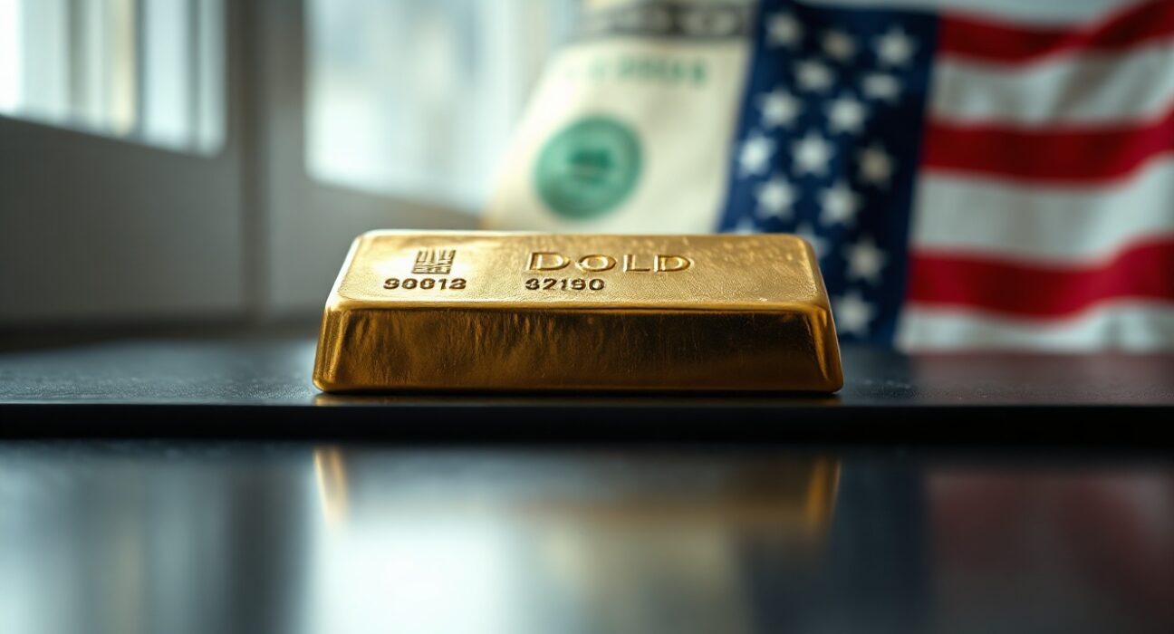 Gold bullion bar with American flag in background, symbolizing dollar debasement trade