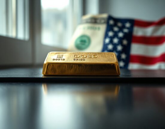 Gold bullion bar with American flag in background, symbolizing dollar debasement trade