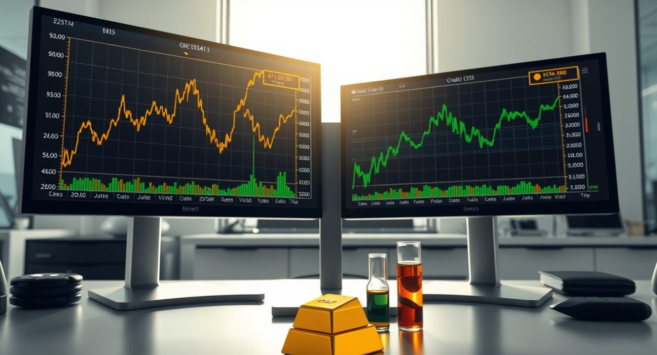 Commodities trading desk showing gold and oil price correlation analysis with dual monitors displaying synchronized charts.