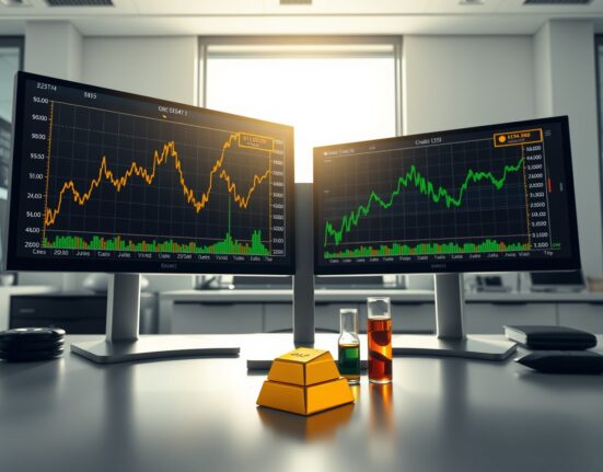 Commodities trading desk showing gold and oil price correlation analysis with dual monitors displaying synchronized charts.