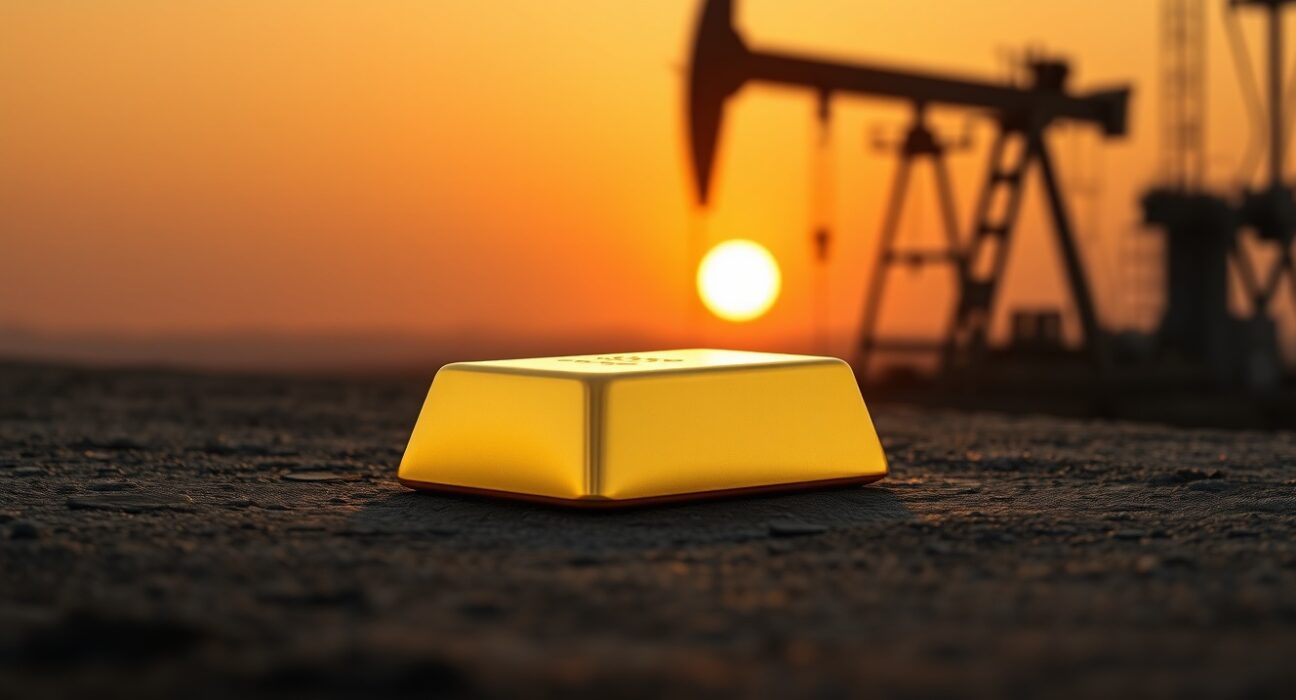 Gold bar with oil drilling rig silhouette in background representing the impact of rising oil prices on gold price forecast and Fed easing hopes.