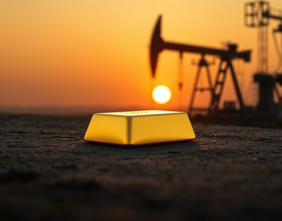 Gold bar with oil drilling rig silhouette in background representing the impact of rising oil prices on gold price forecast and Fed easing hopes.