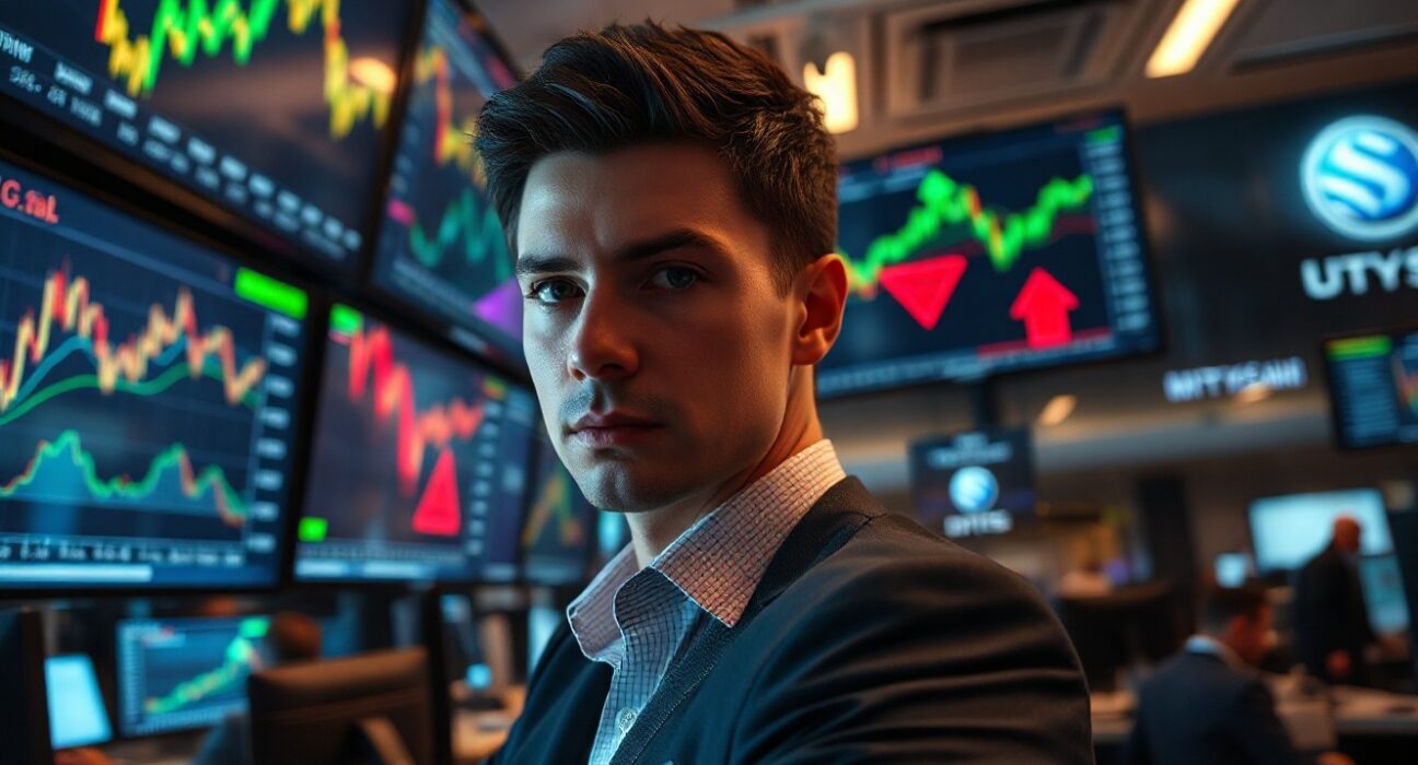Trader monitoring gold price surge and oil price decline on trading floor screens.
