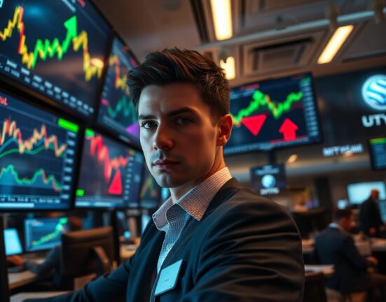 Trader monitoring gold price surge and oil price decline on trading floor screens.