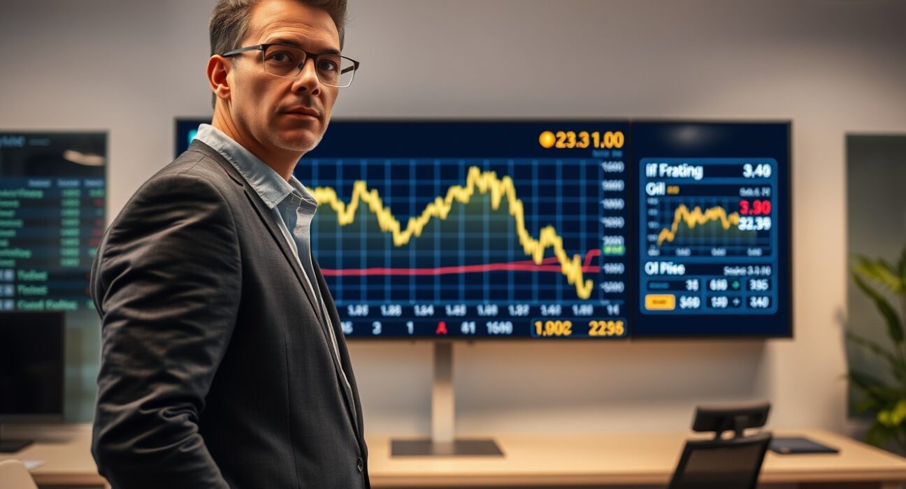 Financial analyst reviewing gold and oil price charts on a digital screen