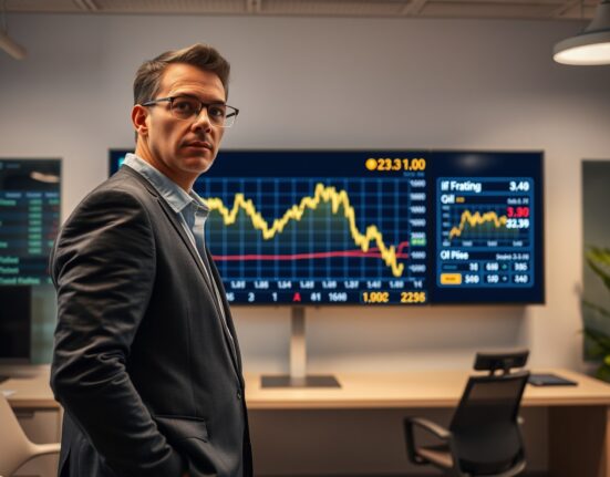 Financial analyst reviewing gold and oil price charts on a digital screen
