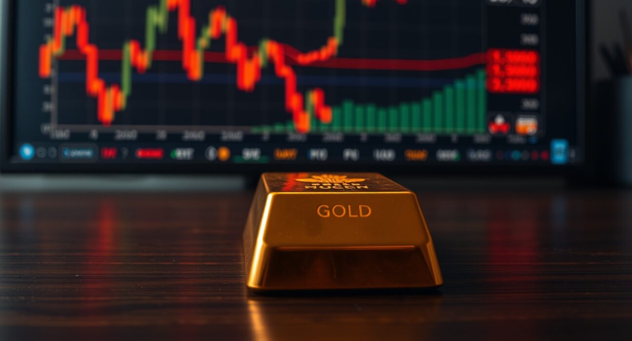 Gold bar on dark surface with stock chart in background