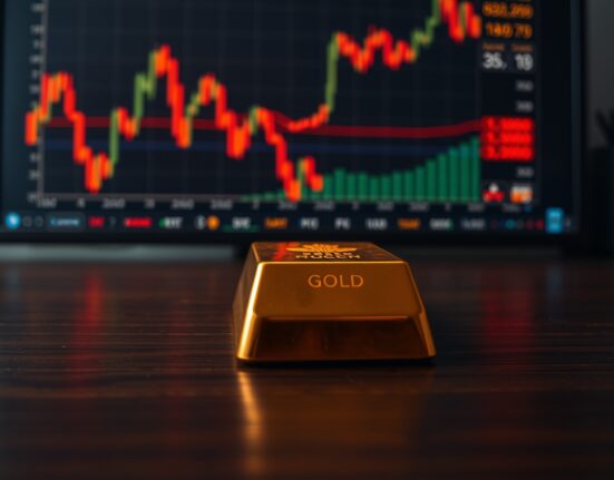 Gold bar on dark surface with stock chart in background