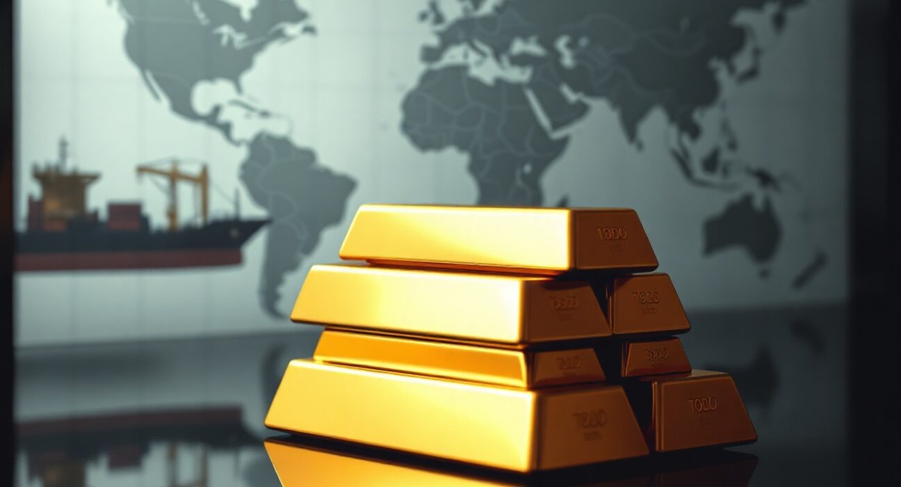 Gold bullion bars on reflective surface, representing safe-haven demand amid Hormuz reopening hopes