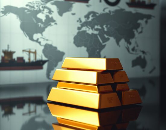 Gold bullion bars on reflective surface, representing safe-haven demand amid Hormuz reopening hopes