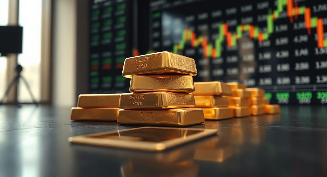 Gold bullion bars stacked on a reflective surface, representing the gold market's pause near multi-week highs.