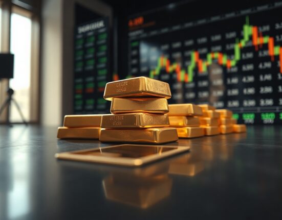 Gold bullion bars stacked on a reflective surface, representing the gold market's pause near multi-week highs.