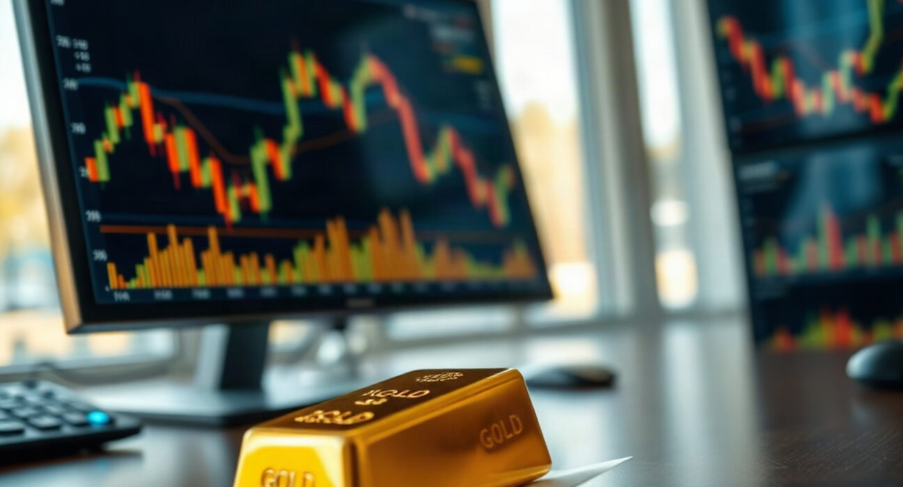 Gold bullion bar and price chart on a trading screen, representing an overbought market
