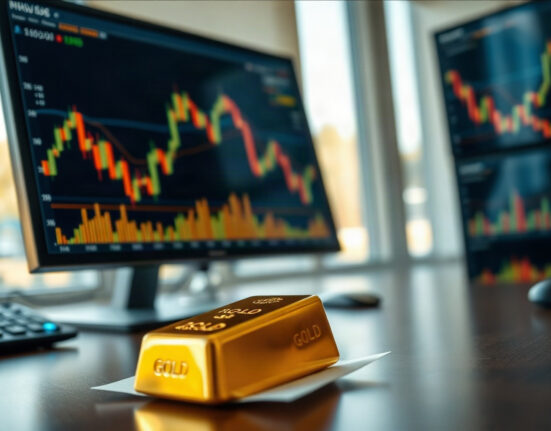 Gold bullion bar and price chart on a trading screen, representing an overbought market