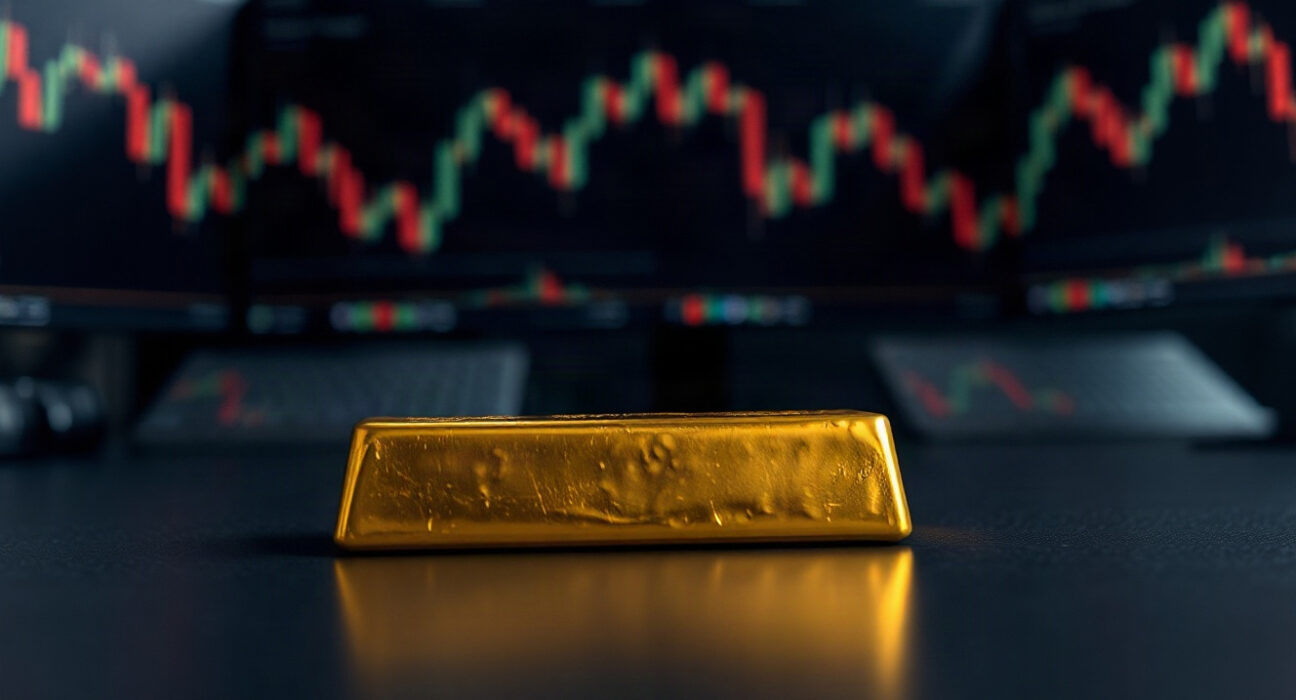 Gold bar with a shadow arrow suggesting potential downside, representing overextension in gold prices.