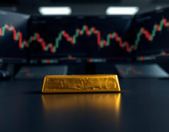 Gold bar with a shadow arrow suggesting potential downside, representing overextension in gold prices.