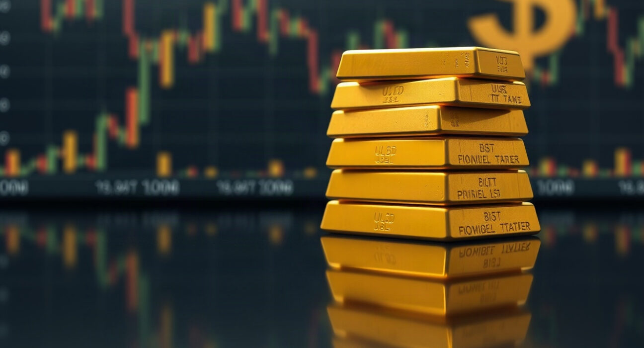 Gold bars stacked on a dark surface with financial charts in the background