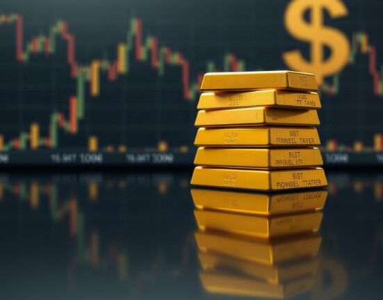 Gold bars stacked on a dark surface with financial charts in the background