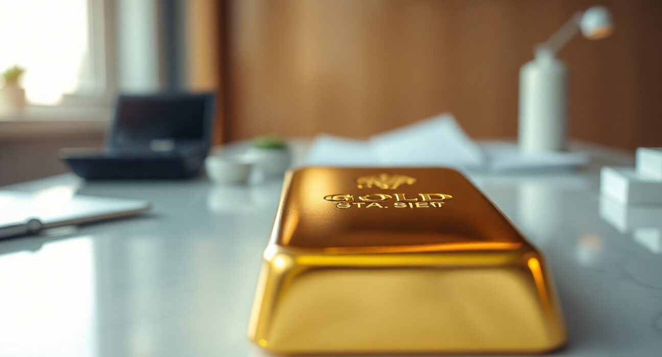 Close-up of a gold bar on a financial desk, representing the gold market and Federal Reserve policy impact.