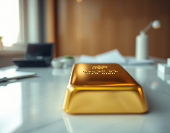 Close-up of a gold bar on a financial desk, representing the gold market and Federal Reserve policy impact.
