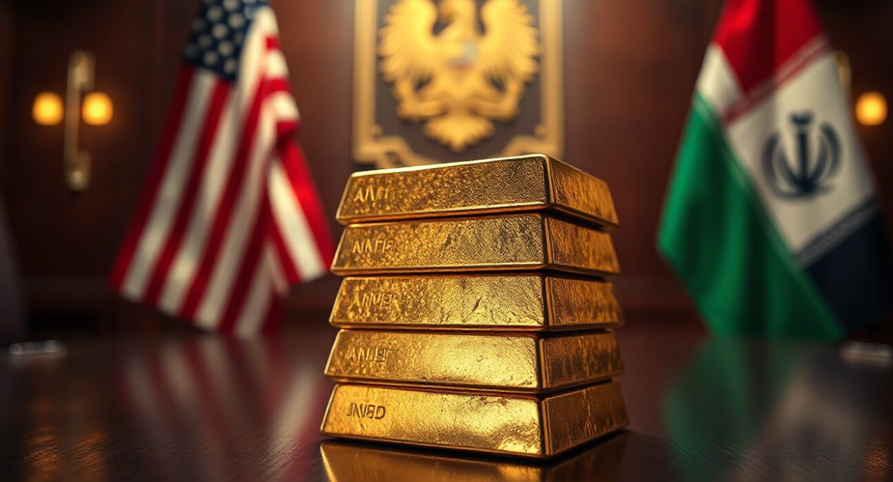 Gold bar on dark surface with blurred world map in background, representing market uncertainty over US-Iran peace deal