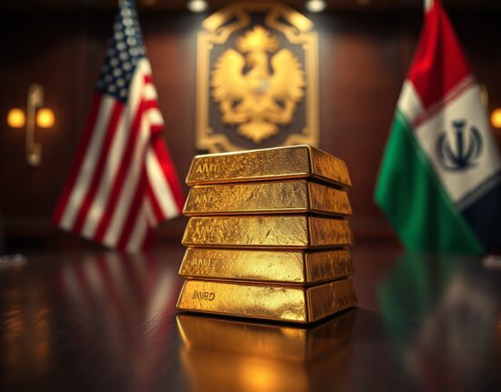 Gold bar on dark surface with blurred world map in background, representing market uncertainty over US-Iran peace deal