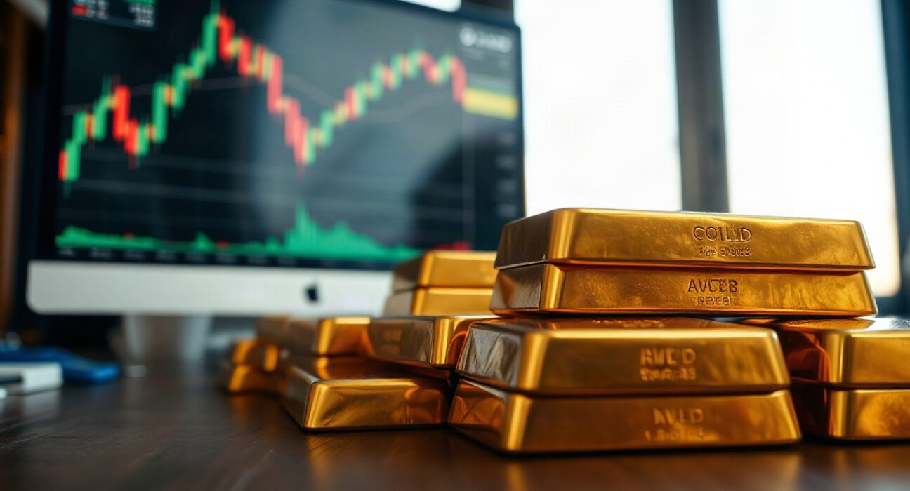 Gold bars on a table with financial charts in the background, representing market focus on PCE inflation.
