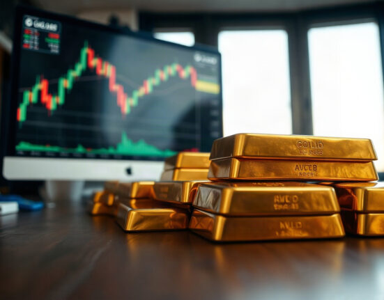 Gold bars on a table with financial charts in the background, representing market focus on PCE inflation.