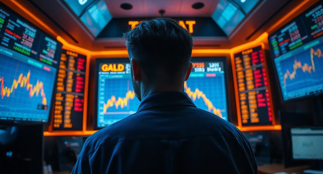 Trader observing falling gold price charts on multiple screens in a modern trading floor.