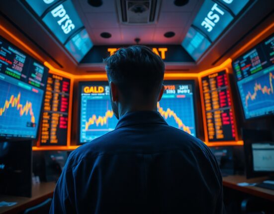 Trader observing falling gold price charts on multiple screens in a modern trading floor.