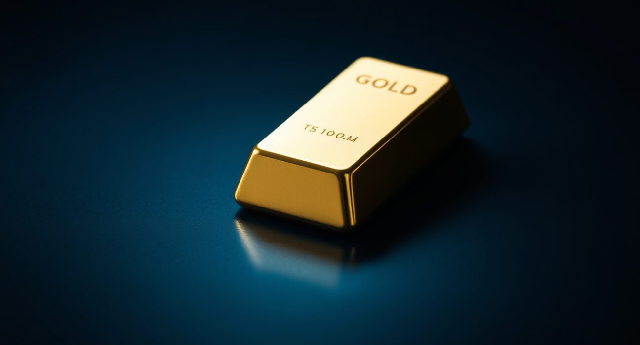 A single gold bar on a dark reflective surface, representing falling gold prices amid a stronger US dollar.