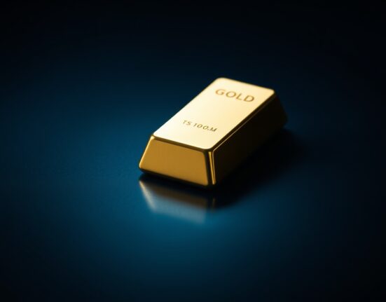 A single gold bar on a dark reflective surface, representing falling gold prices amid a stronger US dollar.