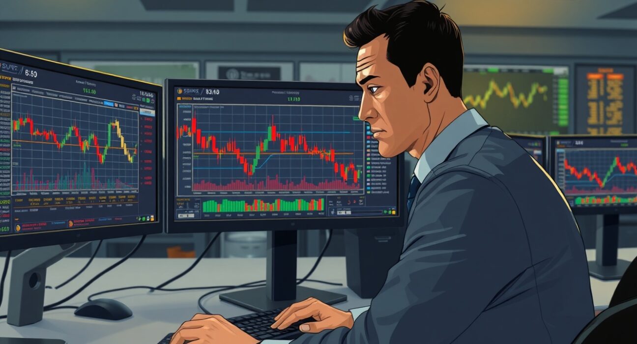 Commodities trader analyzing gold price charts and positioning data for market risk assessment.